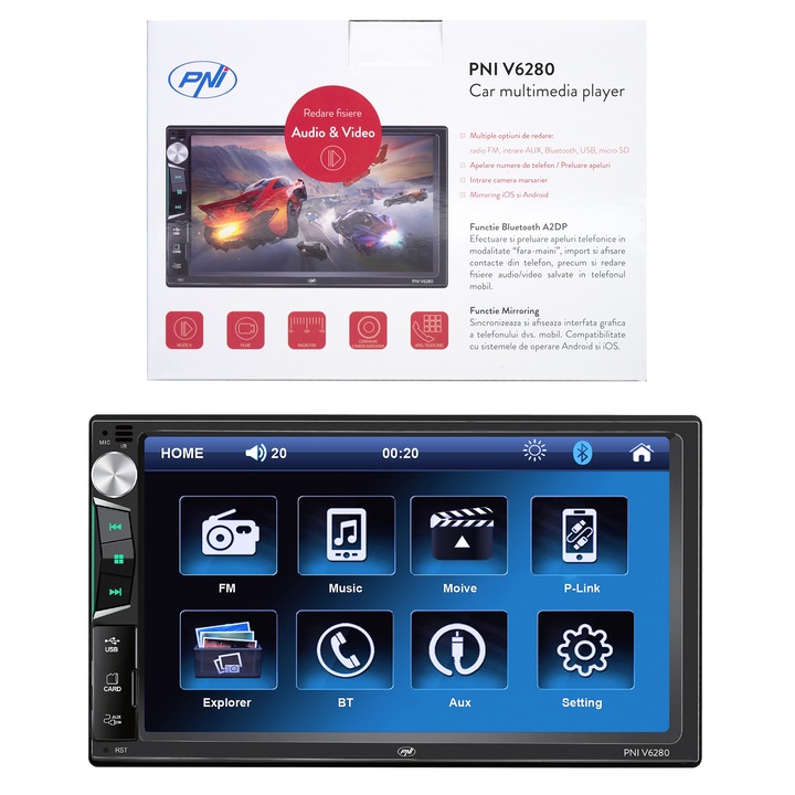 Multimedia player auto PNI V6280 cu touchscreen, functie Bluetooth, functie Mirror Link Android/iOS USB, slot micro SD, intrare AUX, 2 DIN, intrare camera marsarier