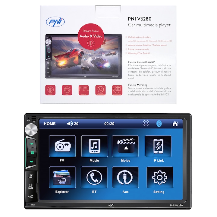 Мултимедиен плеър за кола PNI V6280 със сензорен екран, Bluetooth функция, Android/iOS USB Mirror Link функция, micro SD слот, AUX вход, 2 DIN, Вход за камера за заден ход