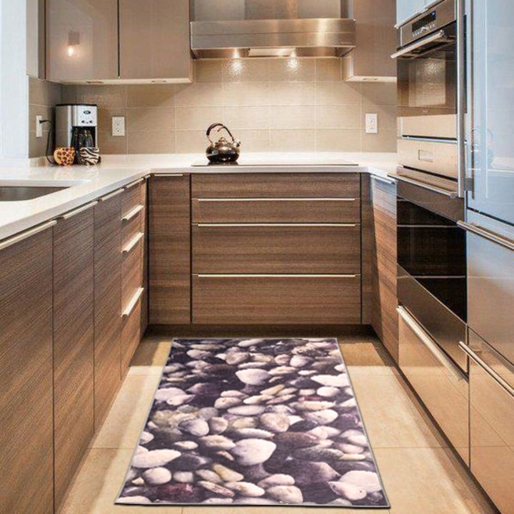 Covor bucatarie Digital HL, 65x135cm, grosime 4 mm, tip printed, poliester, lavabil, antiderapant, gramaj 650g/mp, model pietre mici gri