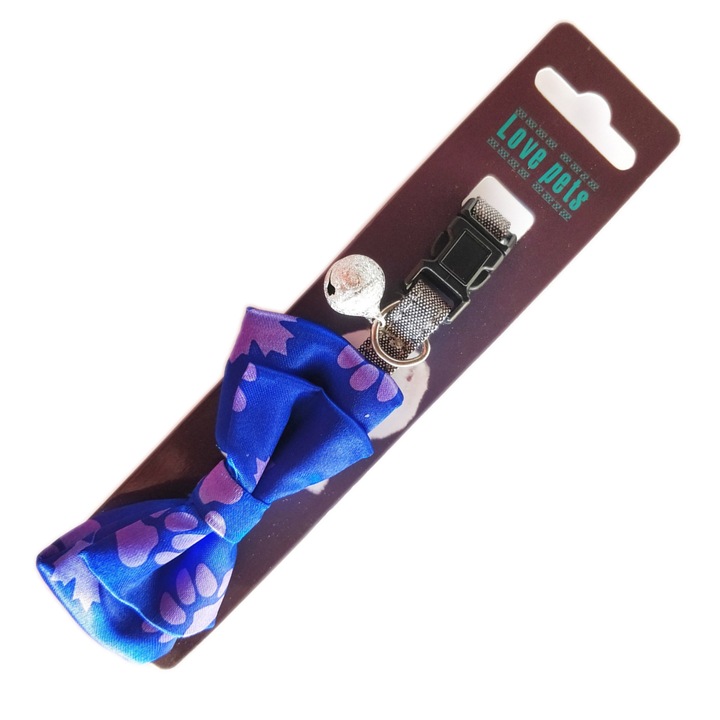 Zgarda ajustabila cu Papion pentru caini si pisici, talie mica si medie, cu clopotel, Motiv pe Albastru, Ropet