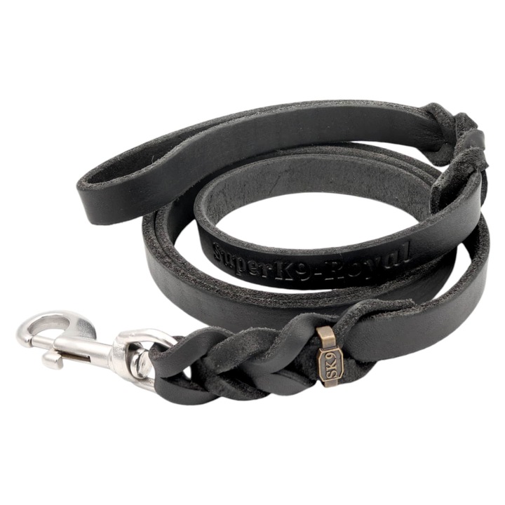 Lesa pentru câini SK9, piele naturală, neagră, 150x16cm, cu carabinieră inox