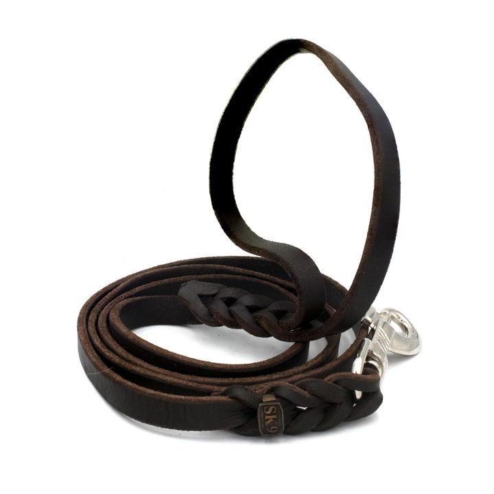 Lesa caini mari, 15mm latime, 150 cm lungime, piele naturala Maro, cu maner si capete impletite, SK9 Premium
