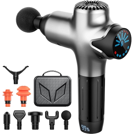 Aparat Profesional pentru Masaj Tip Pistol SmartGUN™ MAX, LCD Display Touch, 7 Viteze, 8 Capete, 4800mAh Baterie Reincarcabila, Autonomie 13h, 3200 Percutii/Minut, Amplitudine 14mm, Fara Fir, Puternic, Silentios, Geanta Transport, Silver