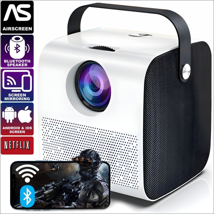 Mini hordozható videoprojektor, WiFi, Bluetooth, HDMI, 1280 x 720p HD felbontás, 4000 lumen, tükrözés Android/IOS rendszerhez, beépített hangszóró