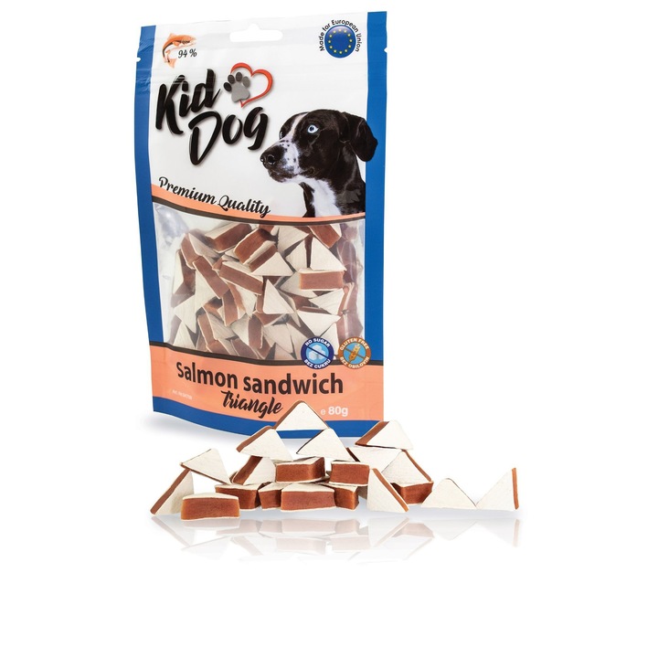 KID DOG Jutalomfalat Szendvics Háromszögek Lazacos és Tőkehalas 80g, A04709