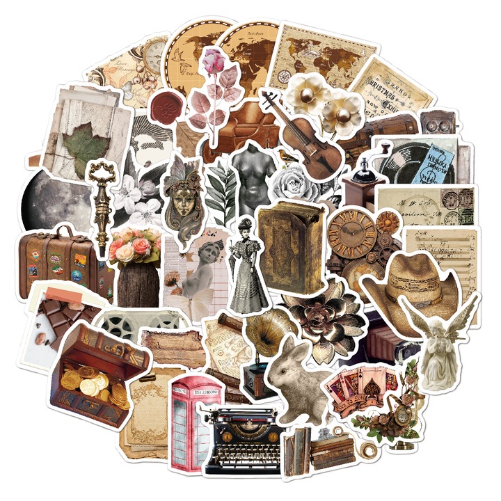 Set 50 stickere, Vintage B, Vinyl, 6-8 cm, Multicolor