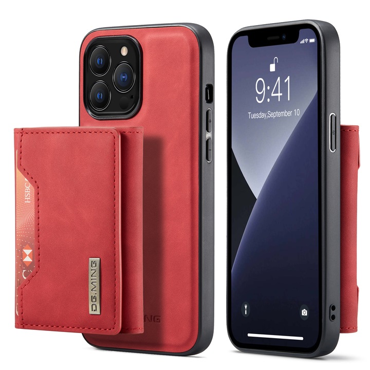 Калъф за iPhone 12 Pro, iPhone 12, CaseMe, кожа с фина текстура, back cover, подвижен портфейл с джобове за банкноти и карти, функция за стойка, Червено