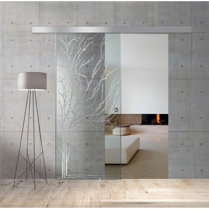 Usa sticla clara Boss securizata, 8 mm, tip culisanta de interior, model Tree incolor, glisanta in ambele directii, 85x215 cm