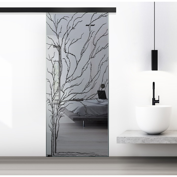 Boss Black üveg tolóajtó, fekete Tree modell, 60x215 cm, 8 mm vastag szürke üveg