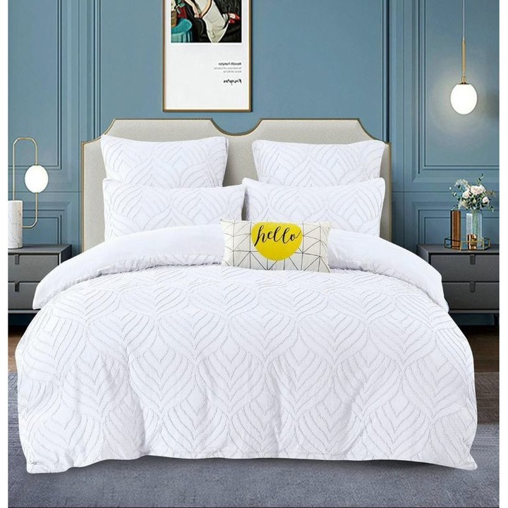 Двоен комплект спално бельо, Египетски луксозен фин памук от 6 части, Бял