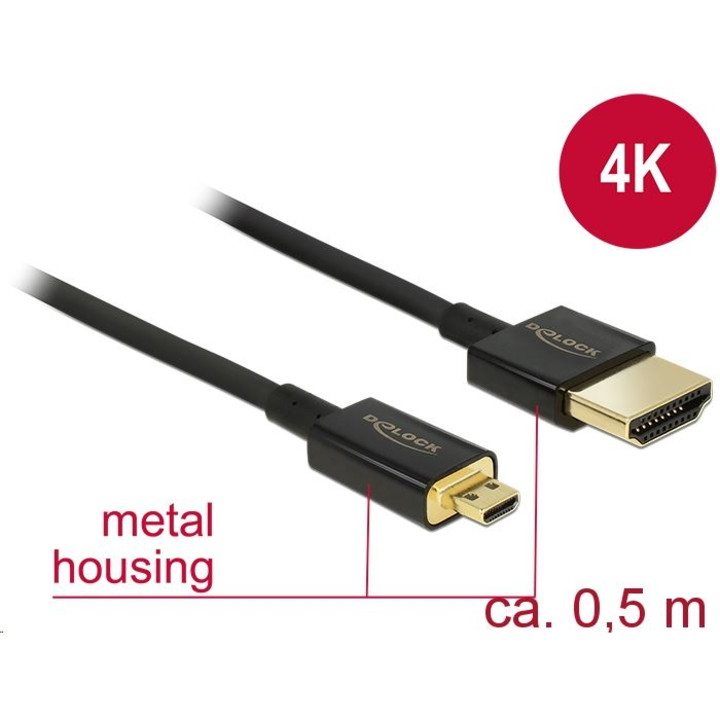 Cablu Delock HDMI-A tata - Micro HDMI-D tata, 18 Gbit/s, 4K, 0.5 m, negru