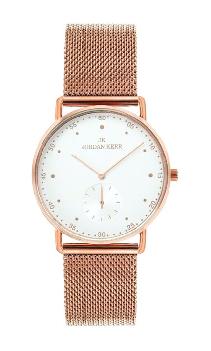 Ceas analog Jordan Kerr, bratara plasa, auriu roz/alb, accesoriu elegant, unisex