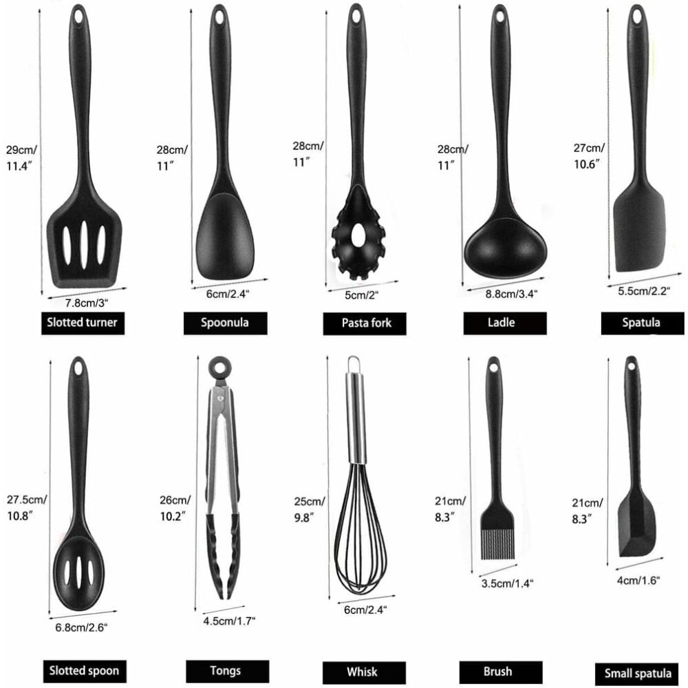 Комплект кухненски прибори, Kitchen Utensils, Силикон, 10 части, Черни ...