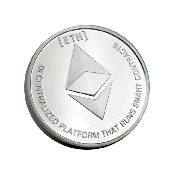 Decoratiune, Ethereum Moneda de Colectie din Metal gros 3mm, Crypto Suvenir, ETC, Silver