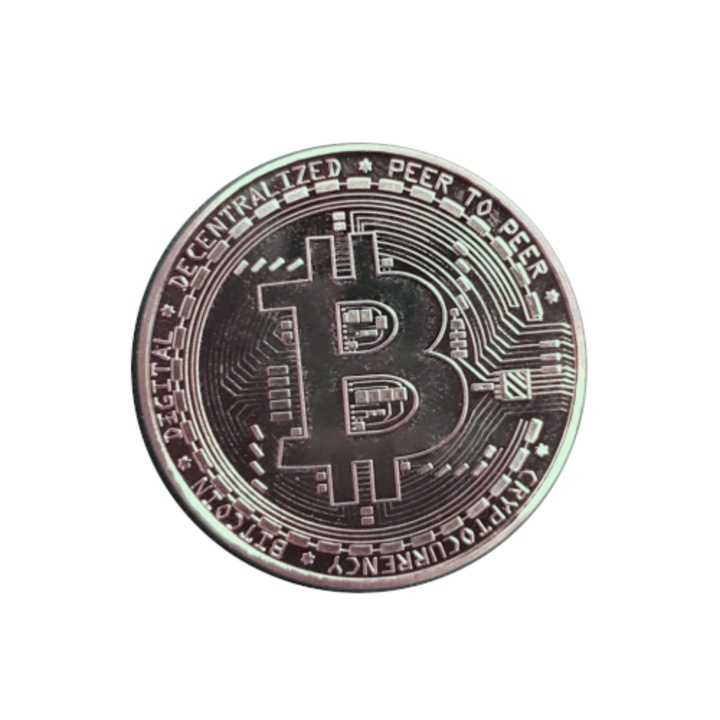 Decoratiune, Bitcoin Moneda de Colectie din Metal gros 3mm, Crypto Suvenir, BTC, Silver