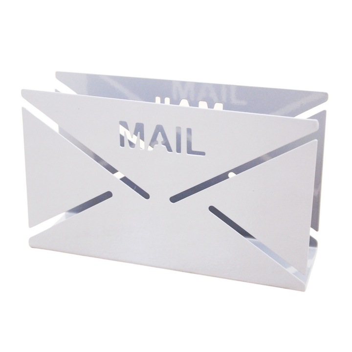 Suport din metal pentru plicuri si corespondenta Mail, alb, 17 x 5 x 9.5 cm