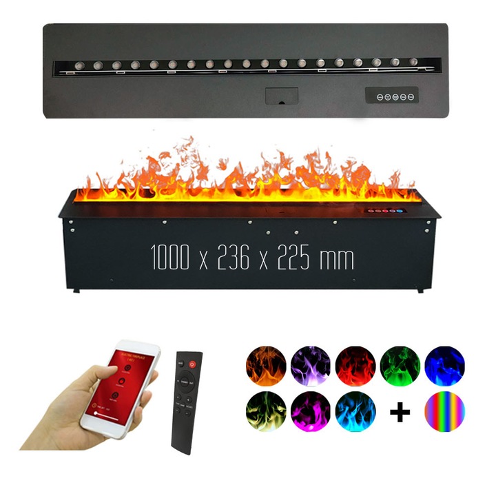 3D vízpárás beépíthető elektromos kandalló, ElectricSun MISTique közepes 100 cm, Led, WiFi Tuya mobilalkalmazással