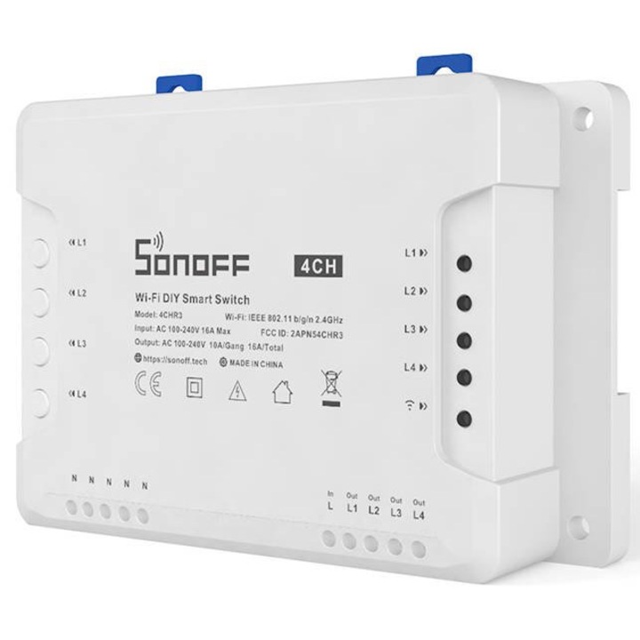 Реле Sonoff 4CHR3, Smart, Wireless, 4 канала, Съвместимост с Alexa/Google Home