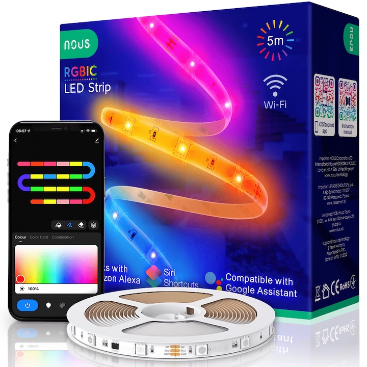 Banda LED RGBIC inteligenta Nous F4, Wi-Fi, sincronizare muzica, control vocal, 18W, lumina colorata, 5m