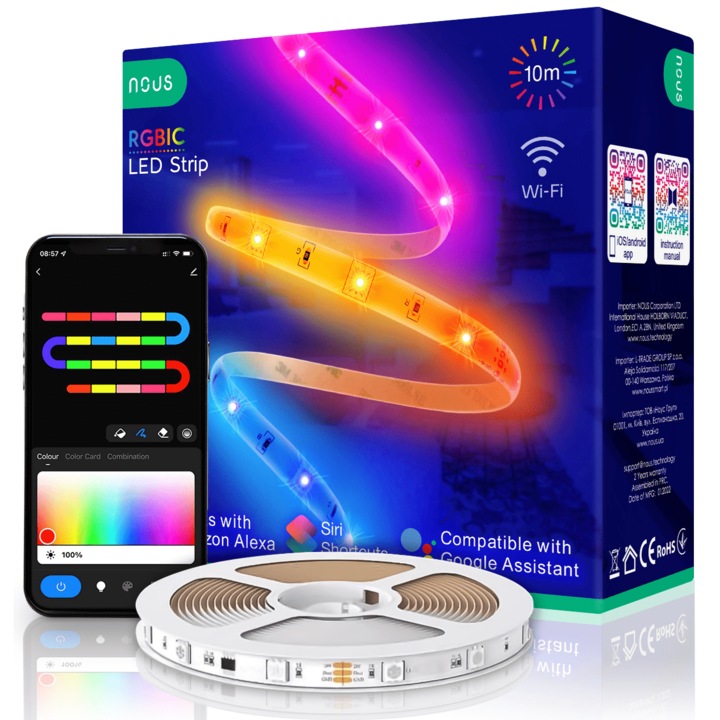Banda LED RGBIC inteligenta Nous F5, Wi-Fi, sincronizare muzica, control vocal, 18W, lumina colorata, 10m