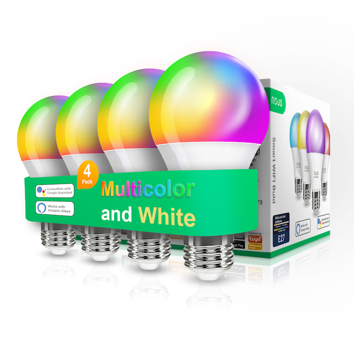 Pachet 4 becuri LED RGB inteligente Nous P3, Wi-Fi, E27, 9W, 810 lm, control vocal, lumina alba si color (2700-6500K) , clasa energetica F