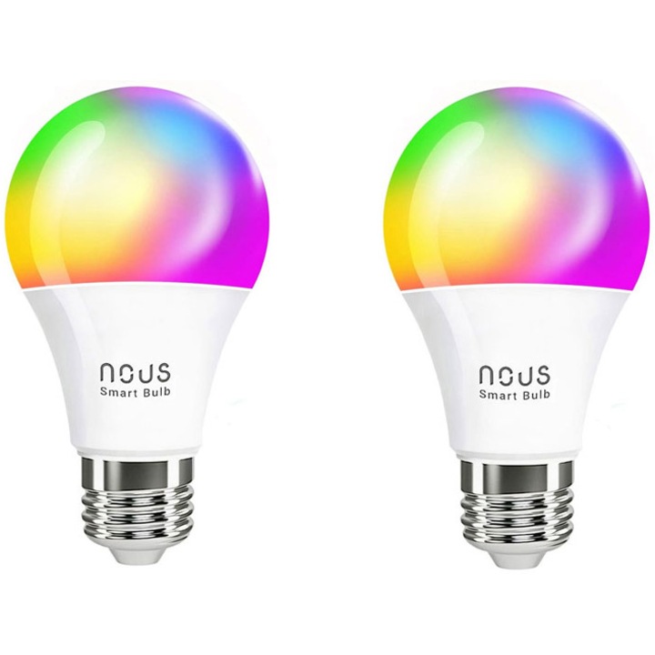 Pachet 2 becuri LED RGB inteligente Nous P3, Wi-Fi, E27, 9W, 810 lm, control vocal, lumina alba si color (2700-6500K) , clasa energetica F