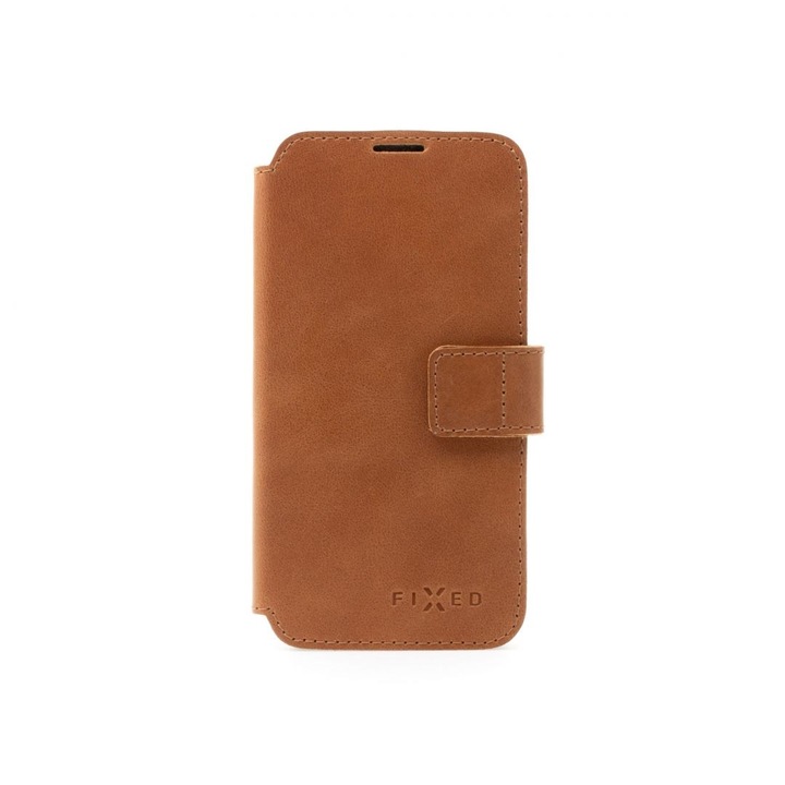 Husa compatibila cu Apple iPhone 13, FIX, Piele naturala, Maro