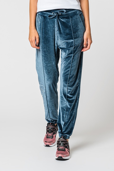 EA7, Pantaloni sport catifelati cu snur, Alb/Albastru prafuit