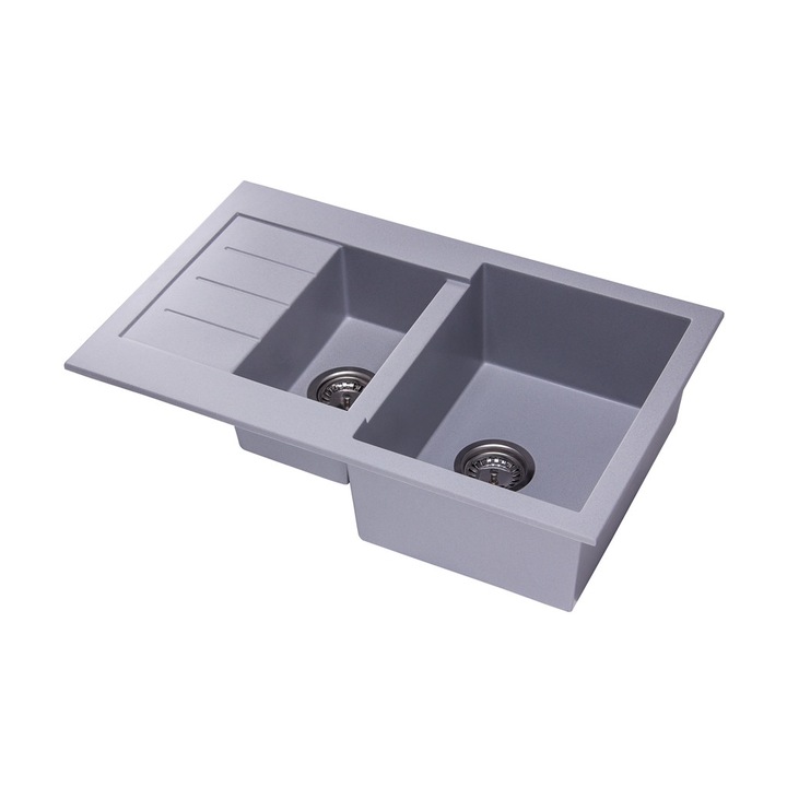 Chiuveta de Bucatarie Granit cu doua cuve 76,5 x 48 cm, cu Sifon Automat, Gri