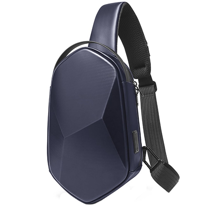 Geanta crossbody, de umar sau de mana tip sling, cu port de incarcare USB 3.0, Bange, 30x11x17 cm, Albastra