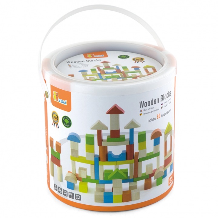 Комплект от 80 образователни кубчета, Viga Toys, Wood, 2 години+, Многоцветни