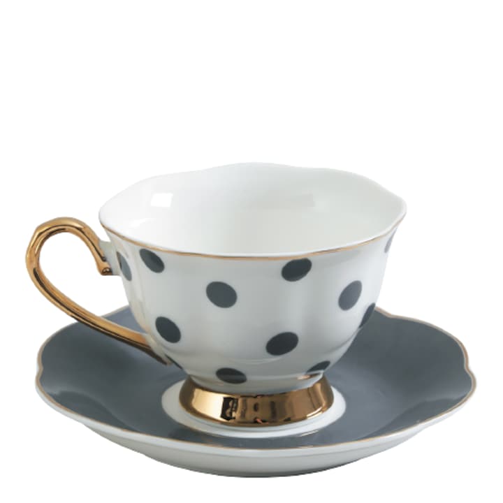 Set ceasca si farfurie ceai, Madame Récamier, buline, 19 cl, 15.5 x 6.5 cm, negru