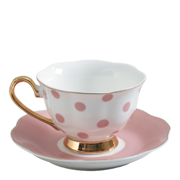 Set ceasca si farfurie ceai, Madame Récamier, buline, 190 ml, 15.5 x 6.5 cm, roz