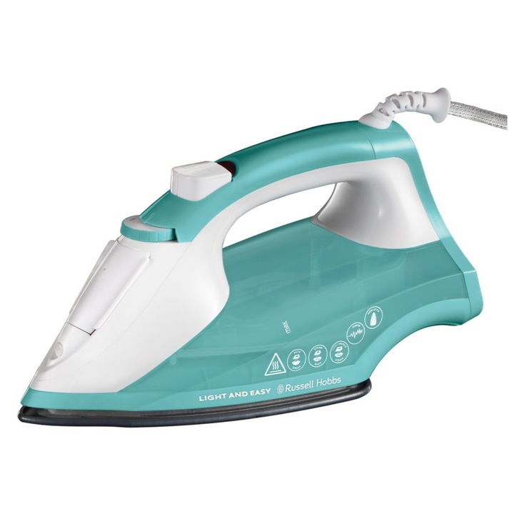 Fier de calcat cu aburi, Russell Hobbs Light and Easy, Talpa ceramica, 2400W, Alb/Verde
