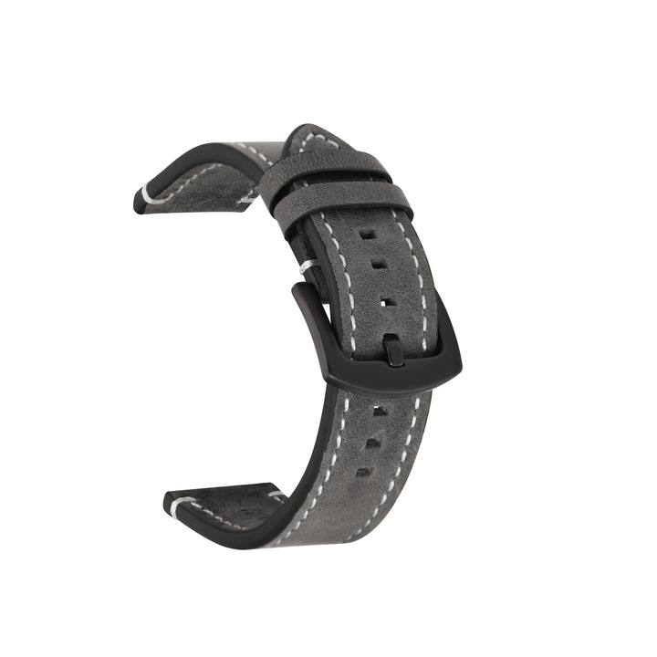 Univerzális szíj 20 mm-es Veaco®, varrott bőr, Samsung Gear S2 Classic, Watch Active, 42 mm-es óra, Huawei Watch 2/2 Pro, szürke