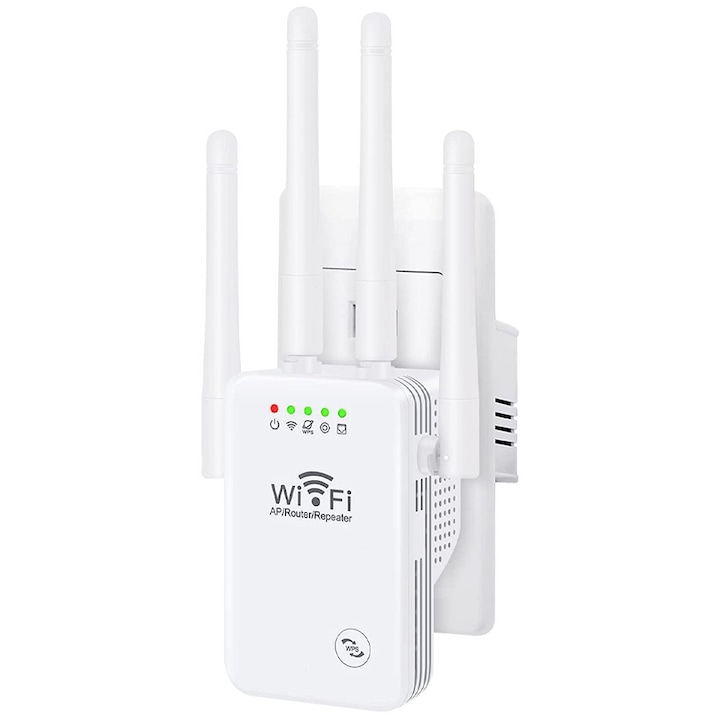Amplificator Semnal Wireless, WOWSTEP®, Range Extender Retea WiFi, 4 Antene cu Technologie MIMO, Retea 2.4 Hz, Transfer 300 Mbps, Conexiune WEP, WPA si WPA2, Slot LAN, Alb
