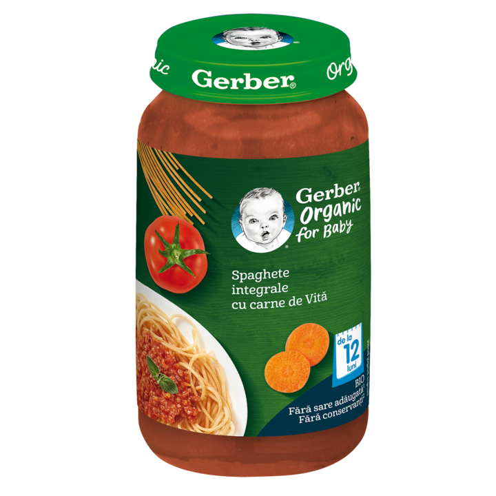Пюре, Gerber Organic, Пълнозърнести спагети с телешко месо, от 12-ия месец, бурканче, 250 гр