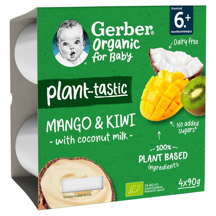 Pachet Desert vegan cu mango, kiwi si crema spuma de cocos Gerber Organic, 4x90g, de la 6 luni