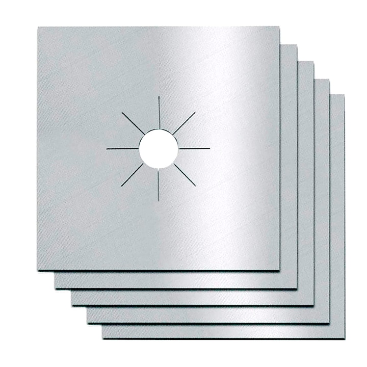 Set de 5 bucati protectie pentru aragaz/soba cu gaz, SOOYE®, rezistent la temperaturi inalte, antiaderent, tampon de curatare, argintiu