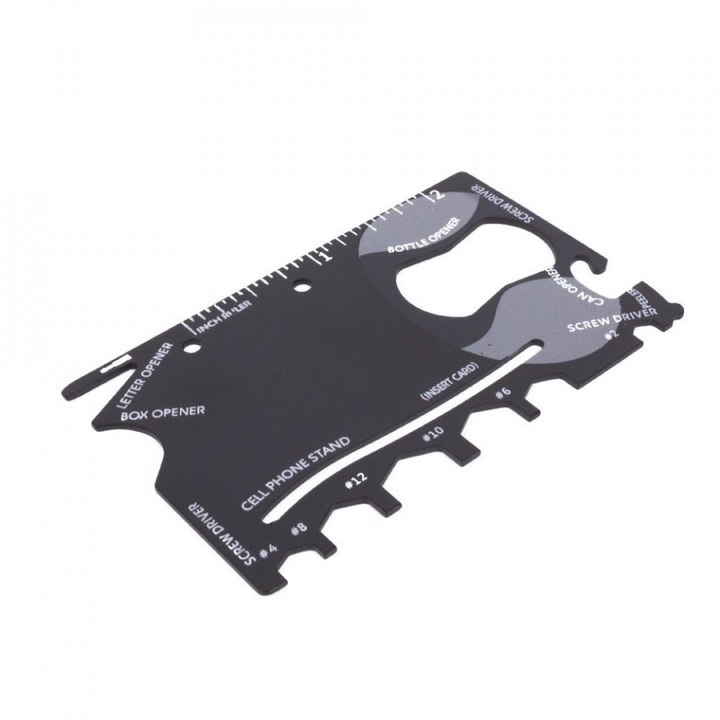 Unealta de supravietuire tip card, metalica, functii multiple, 85x53mm, Neagra