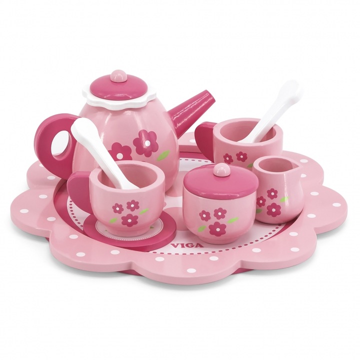Set ceai si cafea, Viga Toys, Lemn, 12 piese, 18 luni, Multicolor