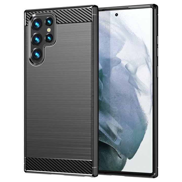 Предпазен кейс PhonePlusBG, за Samsung Galaxy S22 Ultra, Anti Shock Carbon, Черен