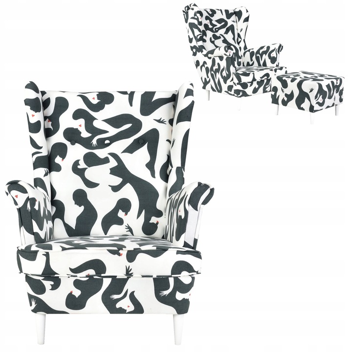 Fotel Family Meble Lábtartóval Fa Ari Scandinavian Print Kárpitozott Nappali Fekete/Fehér 104x84x92