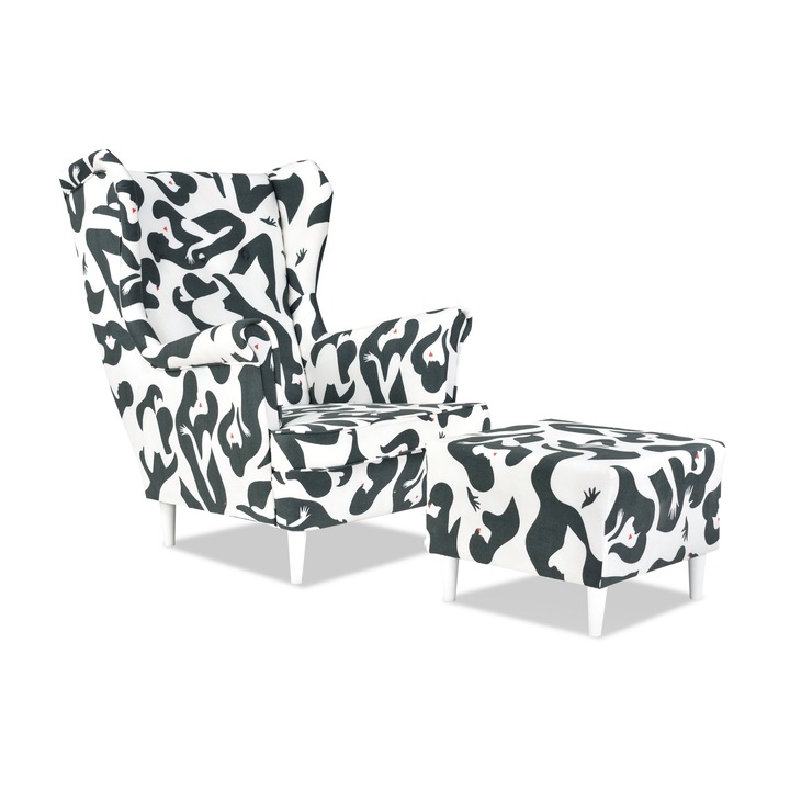 Fotoliu cu suport pentru picioare Din Lemn Ari Print Scandinav Puf Sufragerie Negru / Alb 104x84x92