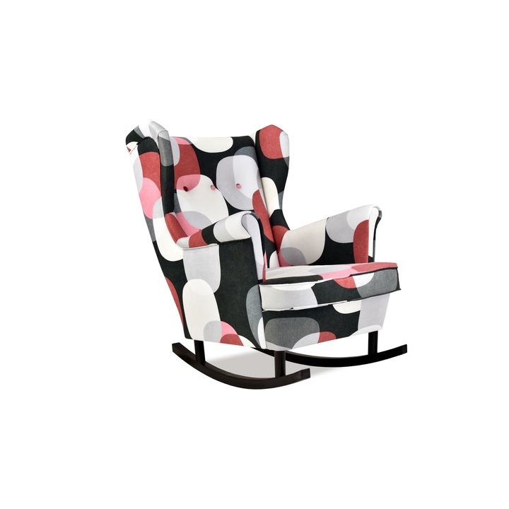 Fotoliu Balansoar Din Lemn Ari Print Scandinav Puf Multicolor Din Velur Pentru Sufragerie 104x84x92