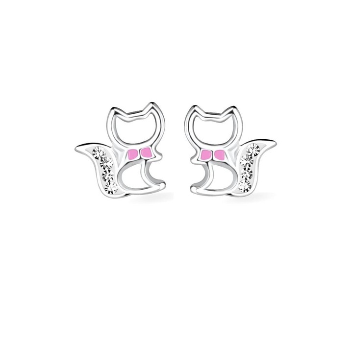 Boutique 23 Bebe Cat ezüst fülbevaló gyerekeknek, csavaros, szilikon védelemmel, ékszerdoboz, ezüst