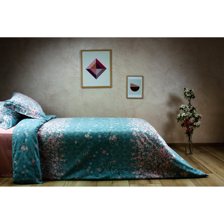 Lenjerie De Pat Double 4 piese Ranforce, Bumbac 100%, DiVe, Albastru / Roz, 240 x 260 cm