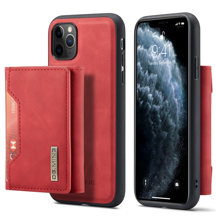 Калъф за iPhone 11 Pro, CaseMe, кожа с фина текстура, back cover, подвижен портфейл с джобове за банкноти и карти, функция за стойка, Червено