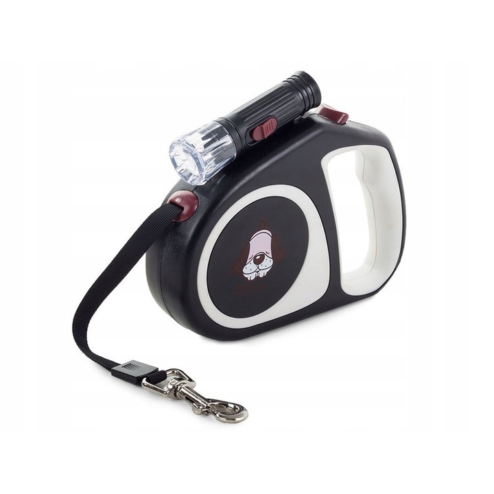 Lesa automata cu functie de blocare pentru caini, cu lanterna led, lungime max. 5m si greutate max.15kg, culoare neagra