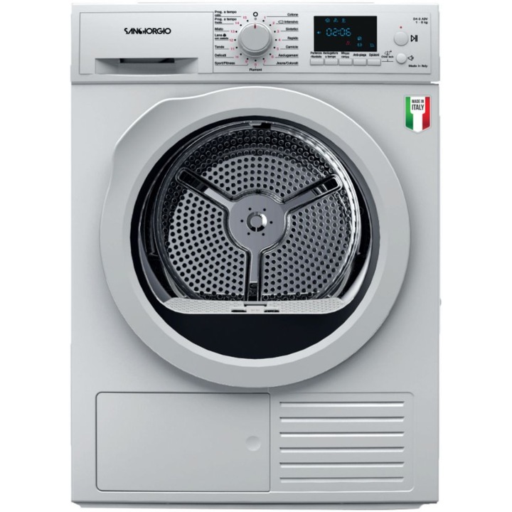 Сушилня с термопомпа Sangiorgio SDR8P, 8 кг, 15 програми, Клас А++, Бяла